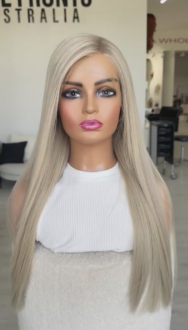 long platinum blonde human hair wig australia, lace front wig, 26 inch length, changable parting. 