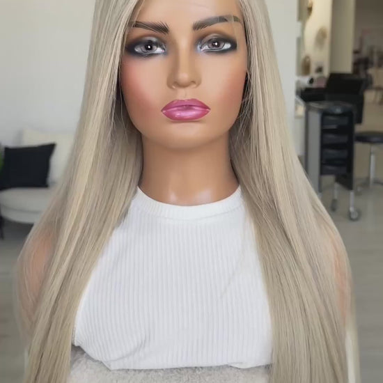 long platinum blonde human hair wig australia, lace front wig, 26 inch length, changable parting. 