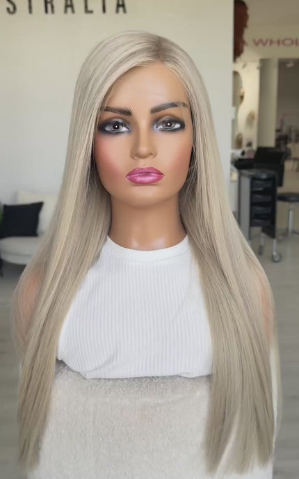 long platinum blonde human hair wig australia, lace front wig, 26 inch length, changable parting. 