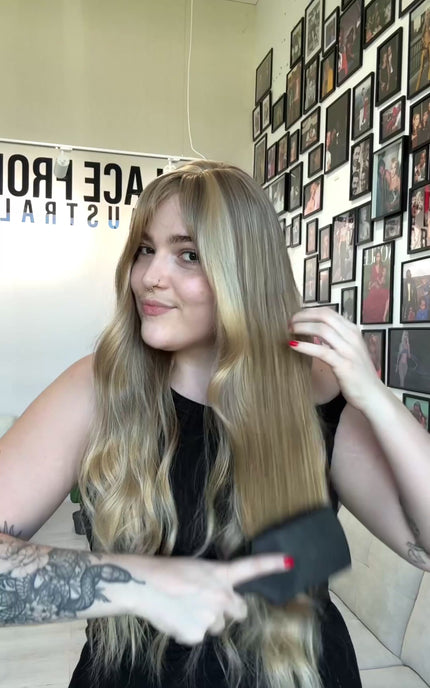 long wavy blonde hair, middle part with fringe. heat safe glueless synthetic toppers australia.