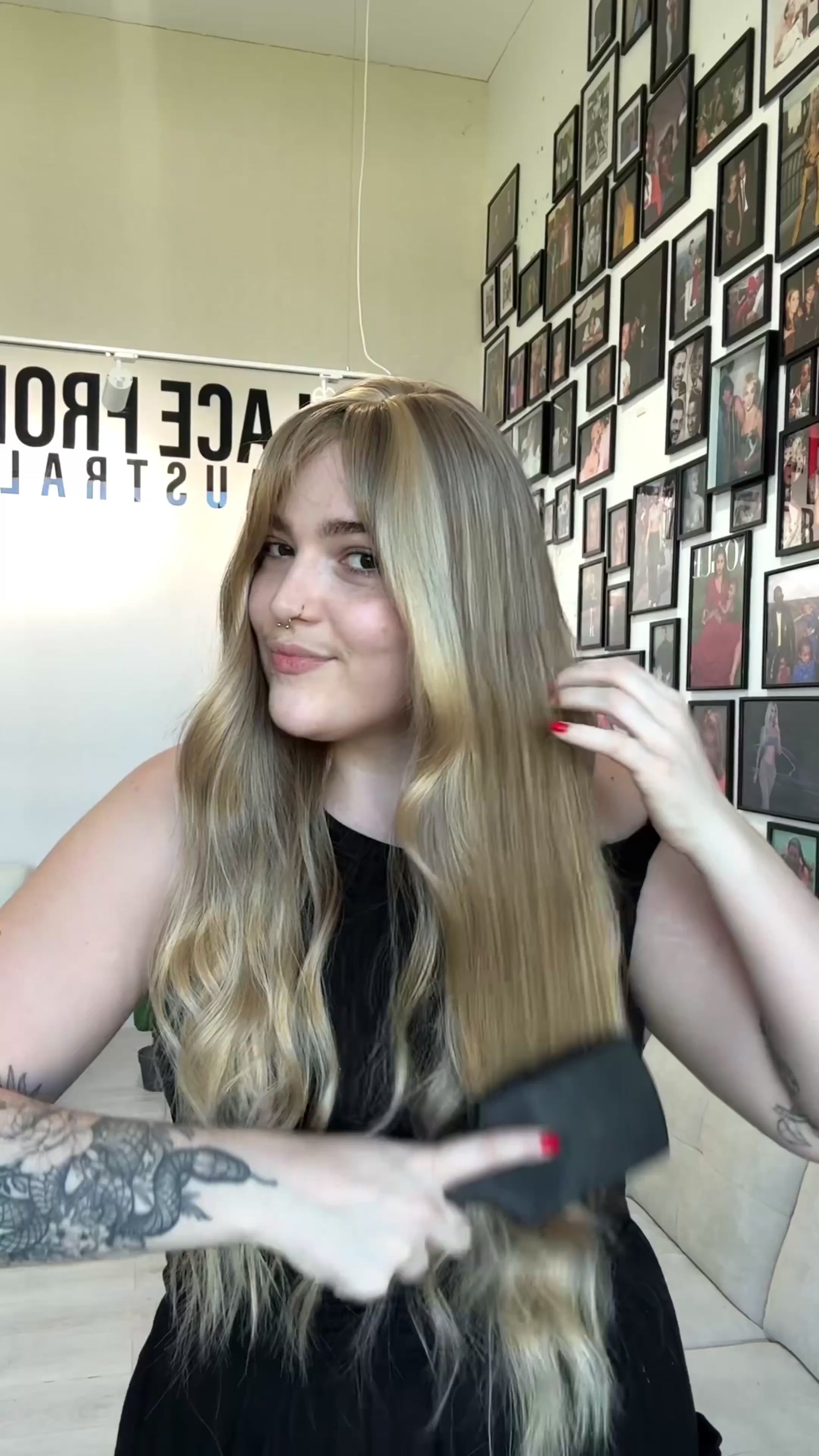 long wavy blonde hair, middle part with fringe. heat safe glueless synthetic toppers australia.