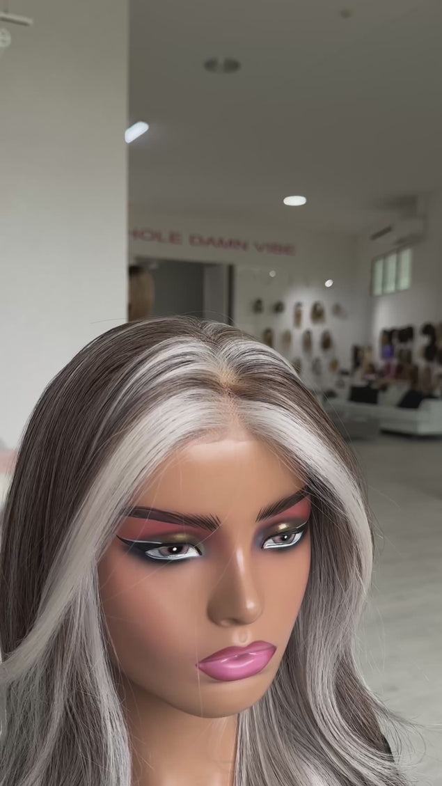 lace front highlighted ash grey wig for hairloss, glueless cap and heat safe hair.