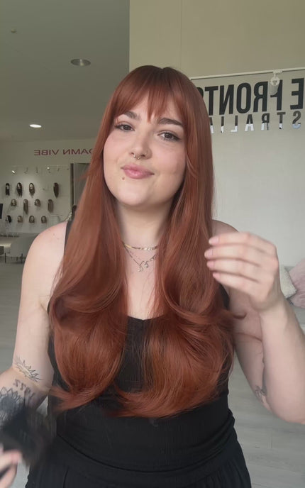 long copper red heat safe synthetic wig for hairloss. designed for daily wear and comfort.