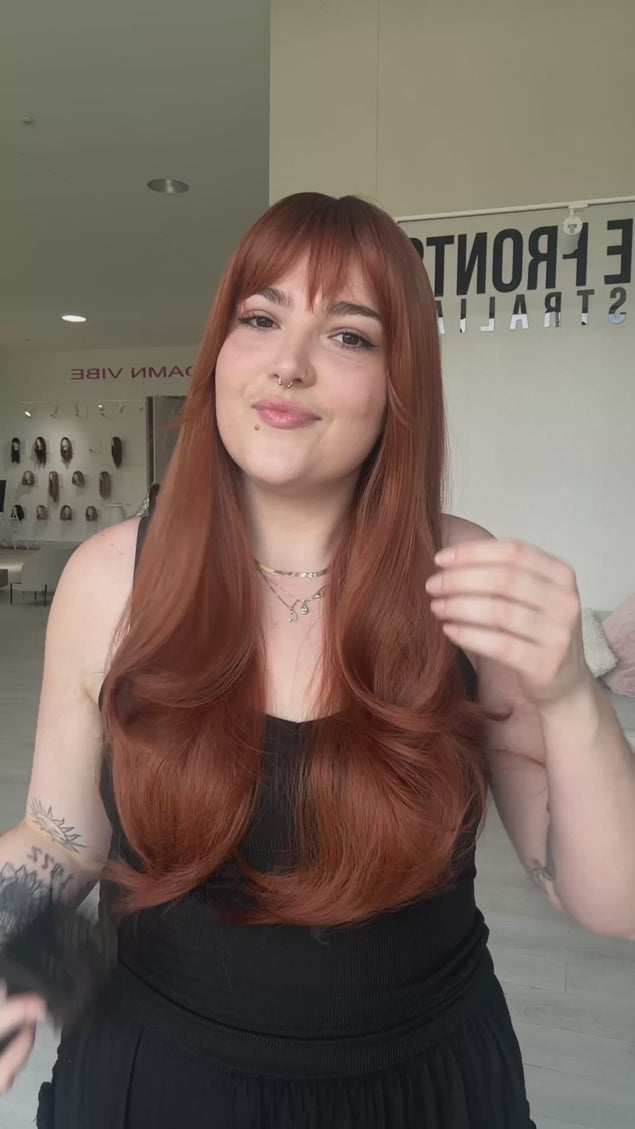 long copper red heat safe synthetic wig for hairloss. designed for daily wear and comfort.