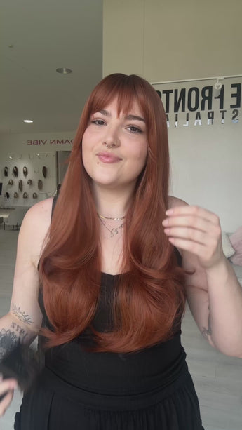 long copper red heat safe synthetic wig for hairloss. designed for daily wear and comfort.