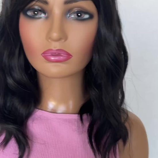 wavy black fringe wig 16 inch middle part, heat safe hair.