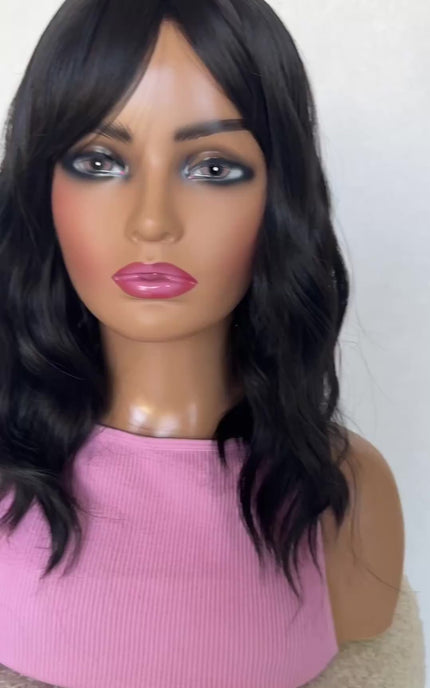 wavy black fringe wig 16 inch middle part, heat safe hair.