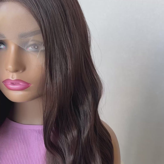 plum brunette lacefront, changable part, heat safe synthetic. glueless wig.