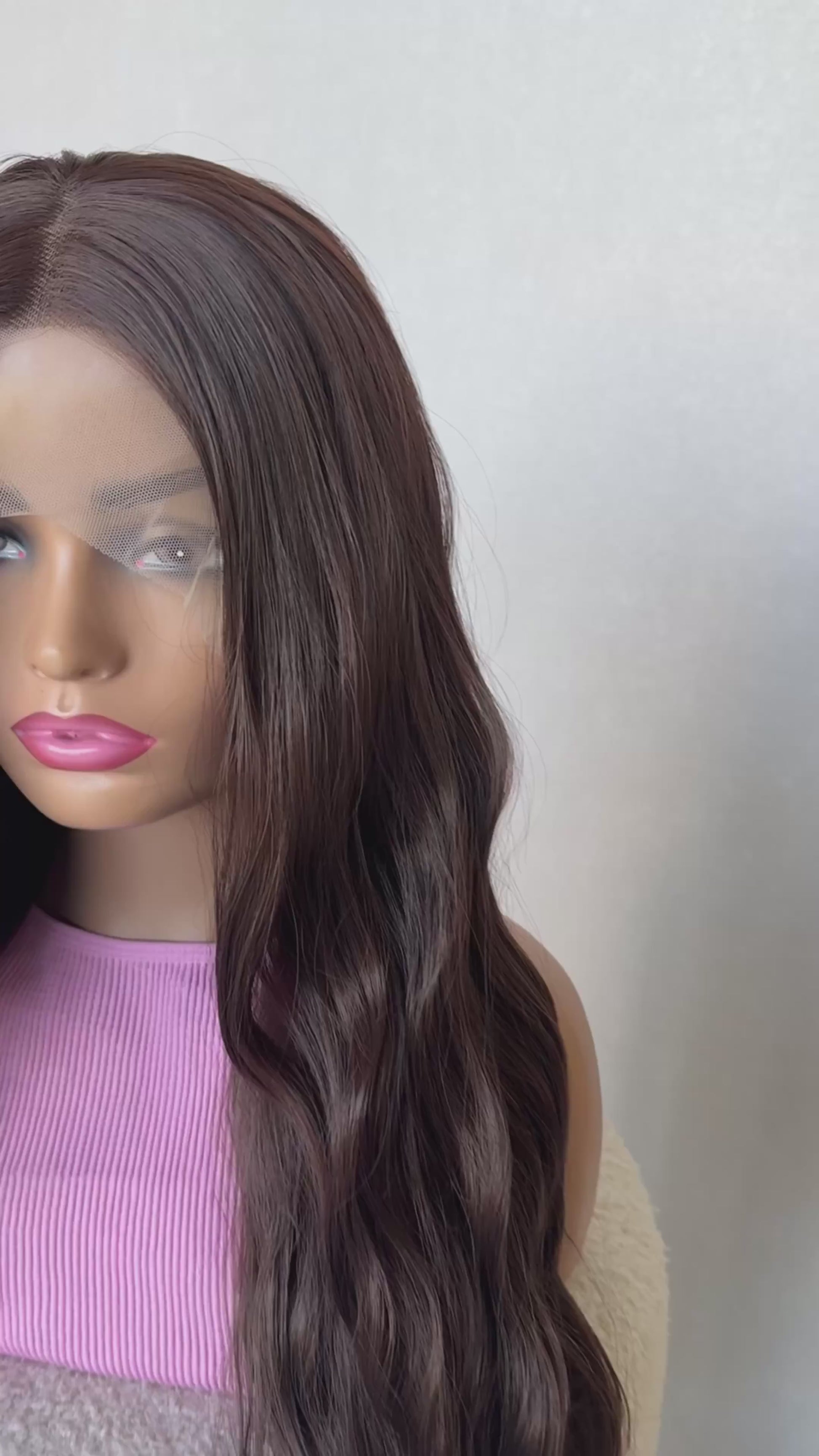 plum brunette lacefront, changable part, heat safe synthetic. glueless wig.