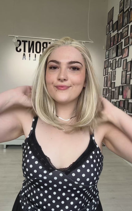 natural looking lace front wig in petite size, butter blonde colour, long bob style.