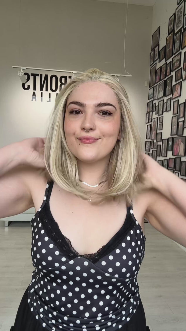 natural looking lace front wig in petite size, butter blonde colour, long bob style.