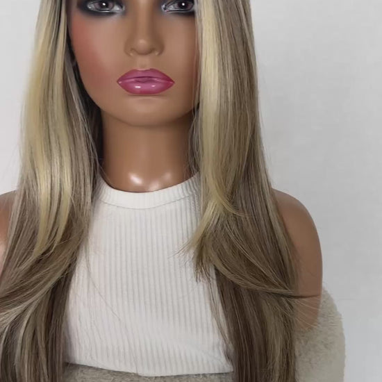 toasted marshmallow lacefront t-part, long curtain bangs. layered hair, glueless heat safe wig.