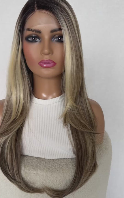 toasted marshmallow lacefront t-part, long curtain bangs. layered hair, glueless heat safe wig.
