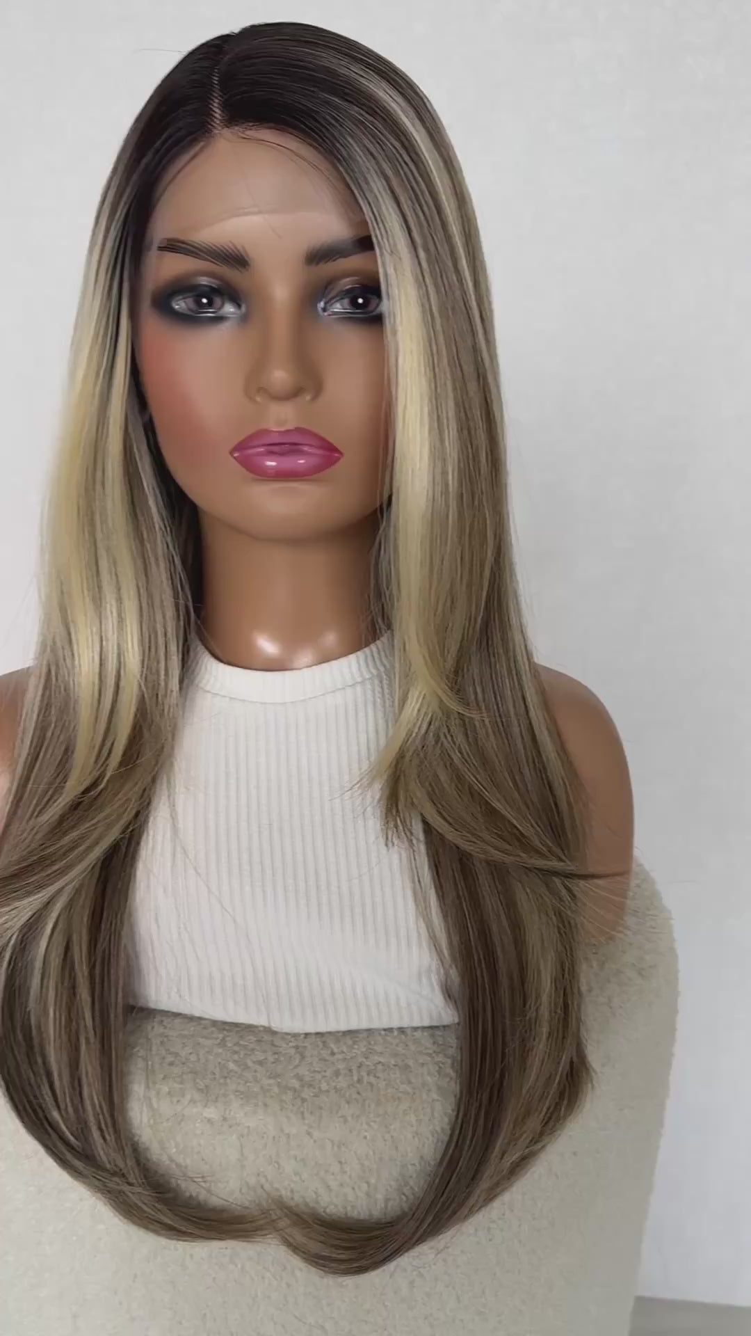 toasted marshmallow lacefront t-part, long curtain bangs. layered hair, glueless heat safe wig.
