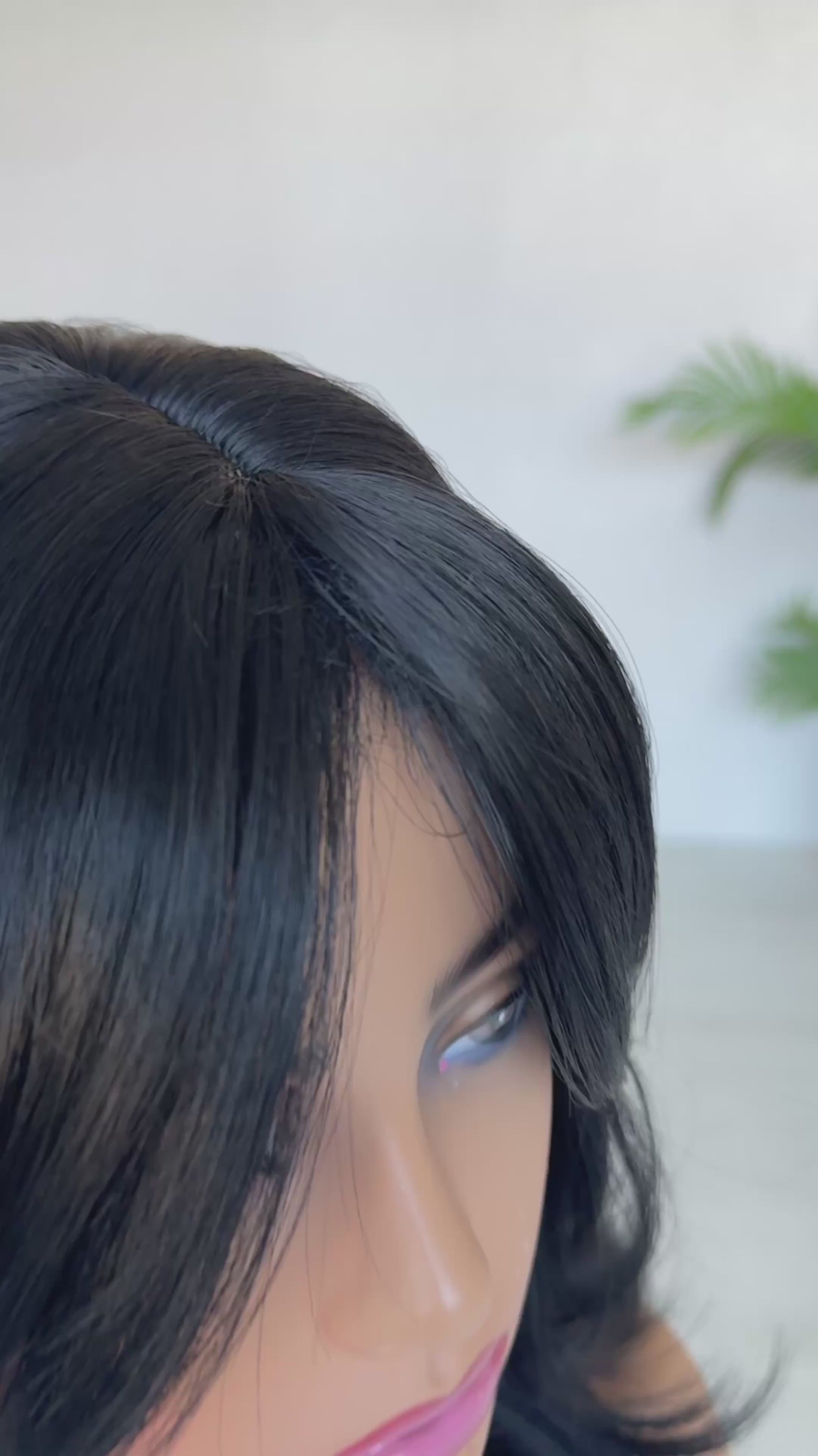 nova black synthetic with curtain bangs and layers, middle part.