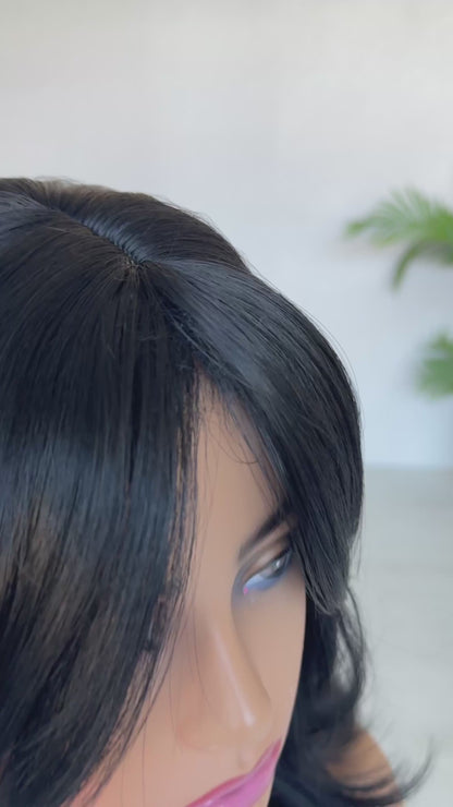 nova black synthetic with curtain bangs and layers, middle part.