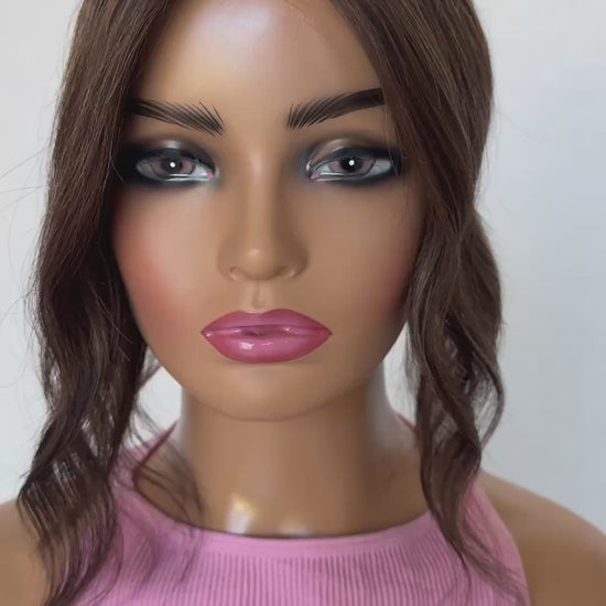 brunette with higlights with middle part, small topper australia, human hair 100%