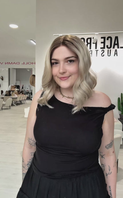 glueless ash blonde wig with darker root, wavy heat safe hair. ready to wear synthetics australia.