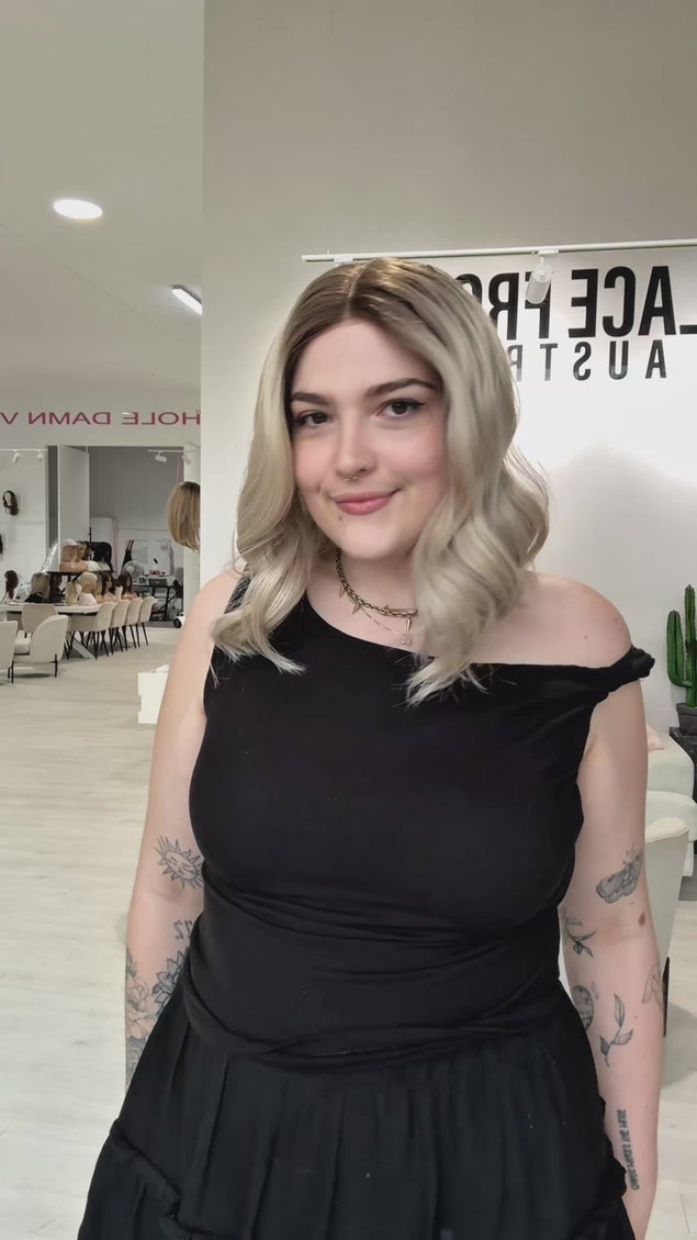 glueless ash blonde wig with darker root, wavy heat safe hair. ready to wear synthetics australia.