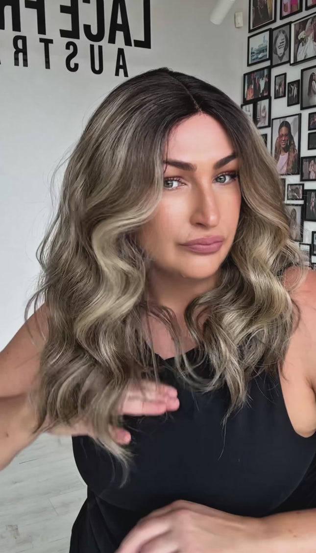 fawn dark root multi colour mushroom brunette wig, wavy hair, heat safe and glueless, synthetic wigs australia, gold coast.