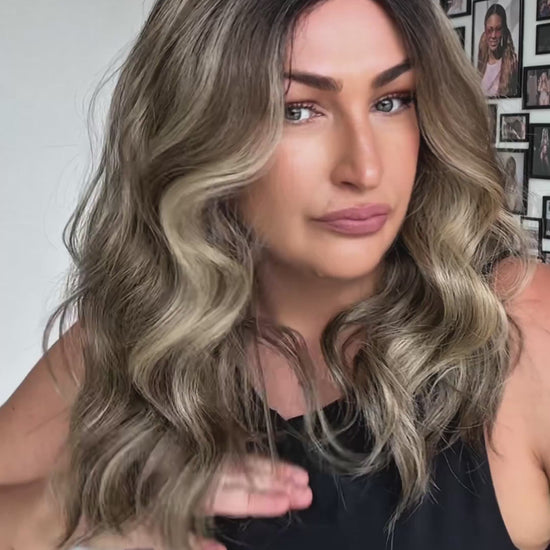 fawn dark root multi colour mushroom brunette wig, wavy hair, heat safe and glueless, synthetic wigs australia, gold coast.