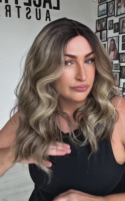 fawn dark root multi colour mushroom brunette wig, wavy hair, heat safe and glueless, synthetic wigs australia, gold coast.