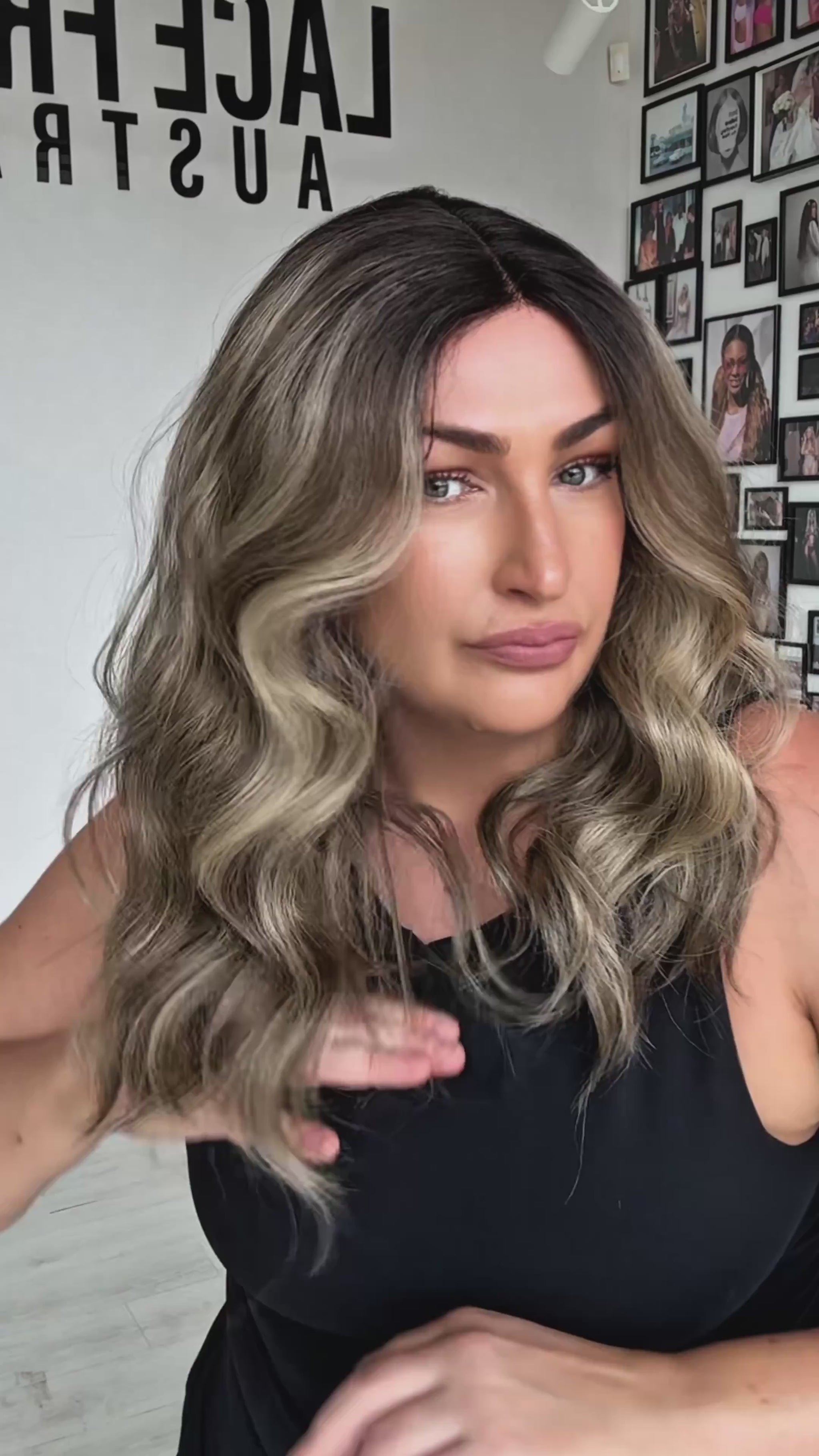 fawn dark root multi colour mushroom brunette wig, wavy hair, heat safe and glueless, synthetic wigs australia, gold coast.