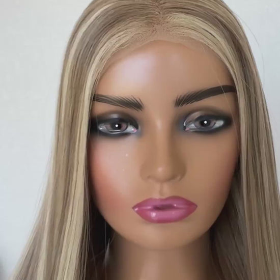 blonde highlighted hair, middle part, long hair length, glueless synthetic australia.
