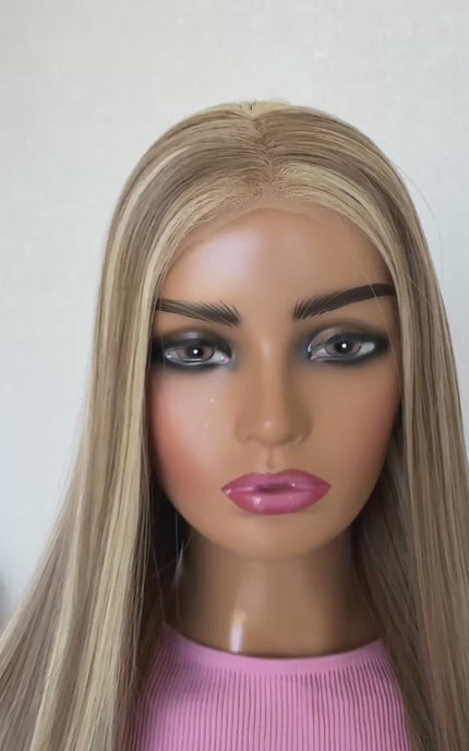 blonde highlighted hair, middle part, long hair length, glueless synthetic australia.