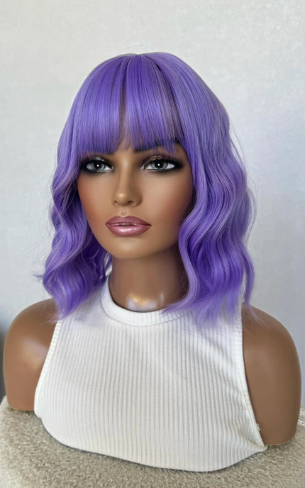 heat safe, glueless purple wig, middle part with fringe.