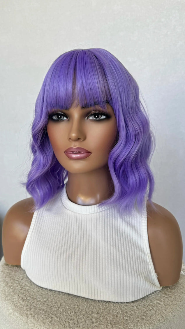 heat safe, glueless purple wig, middle part with fringe.
