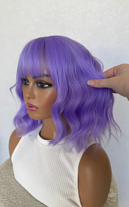 middle part, fringe wig, purple wavy hair, heat safe glueless wig australia.