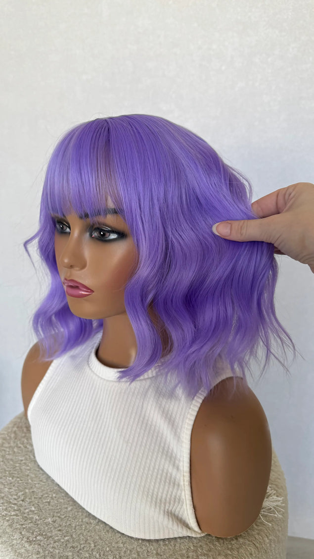middle part, fringe wig, purple wavy hair, heat safe glueless wig australia.