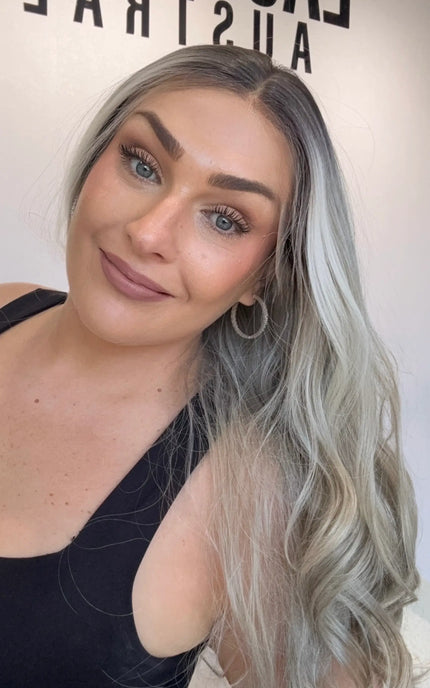 heat safe, glueless wig australia, darker root to ash blonde hair, curled hair.