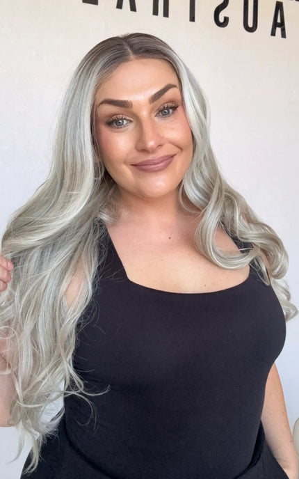 long lace front ash blonde hair, darker root, heat safe wig australia.