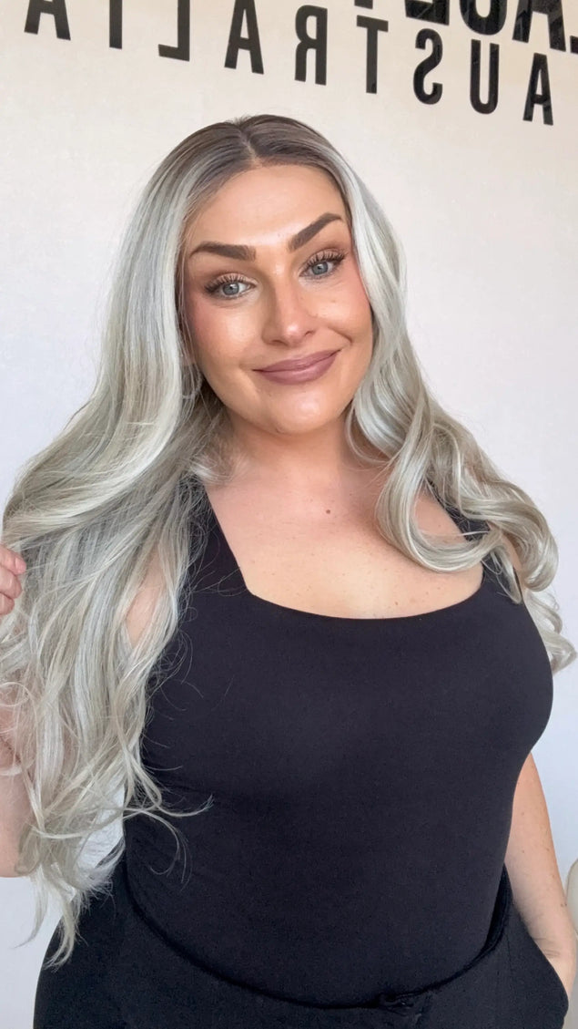 long lace front ash blonde hair, darker root, heat safe wig australia.