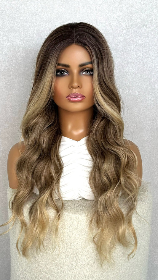 a soft brown ombre wig, light waves from the front view. tpart wig with lacefront. natural glueless synthetic wig.