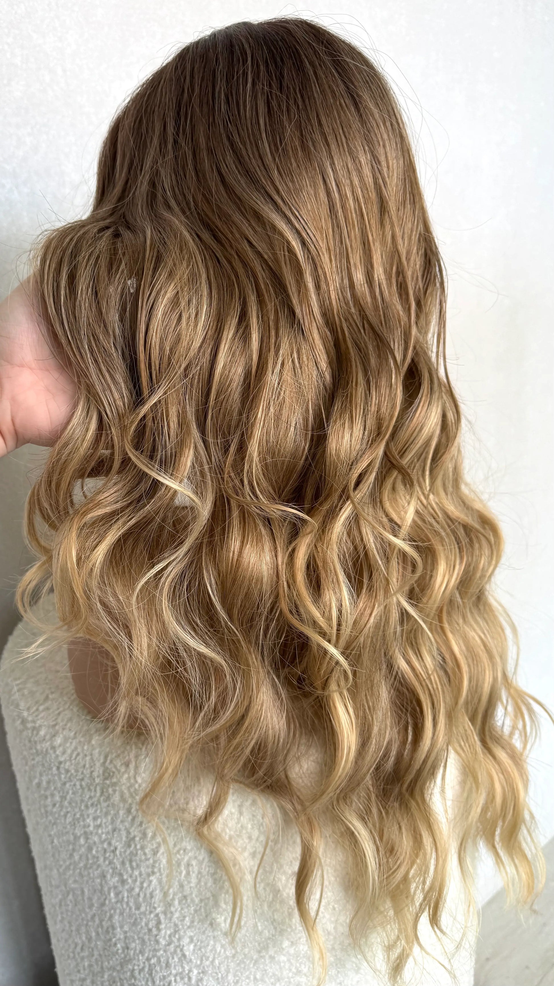 ombre brunette balayage wig from the back. showing the colours in natural lighting.