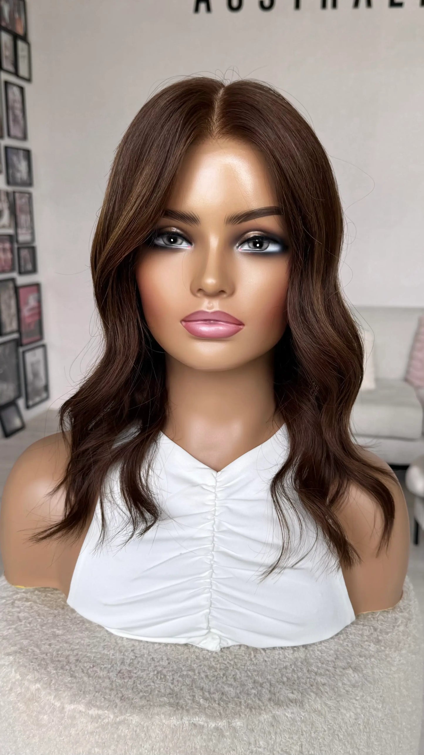 brunette wavy hair lace front wig, glueless, ready to ship human hair wig.