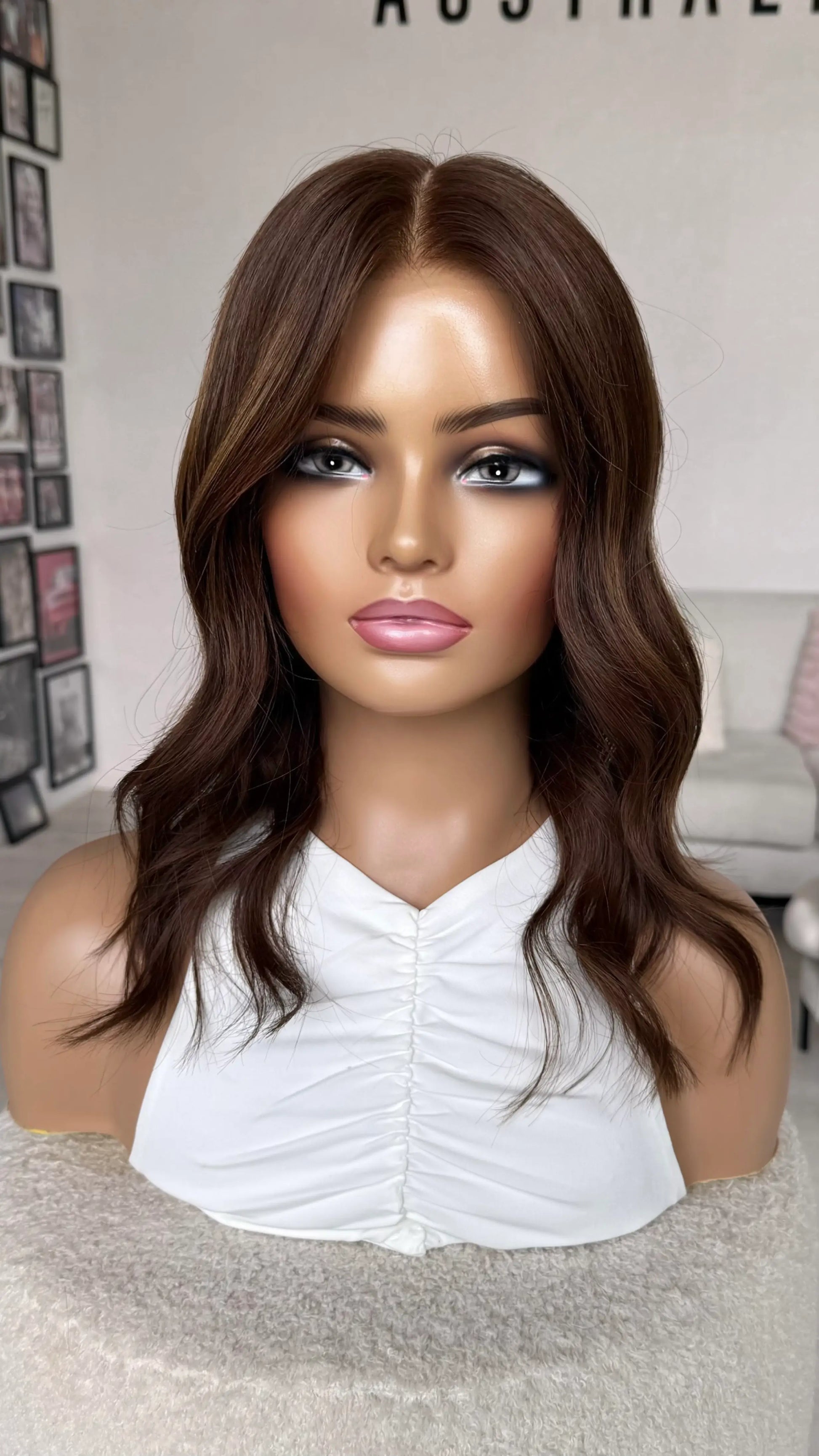 brunette wavy hair lace front wig, glueless, ready to ship human hair wig.