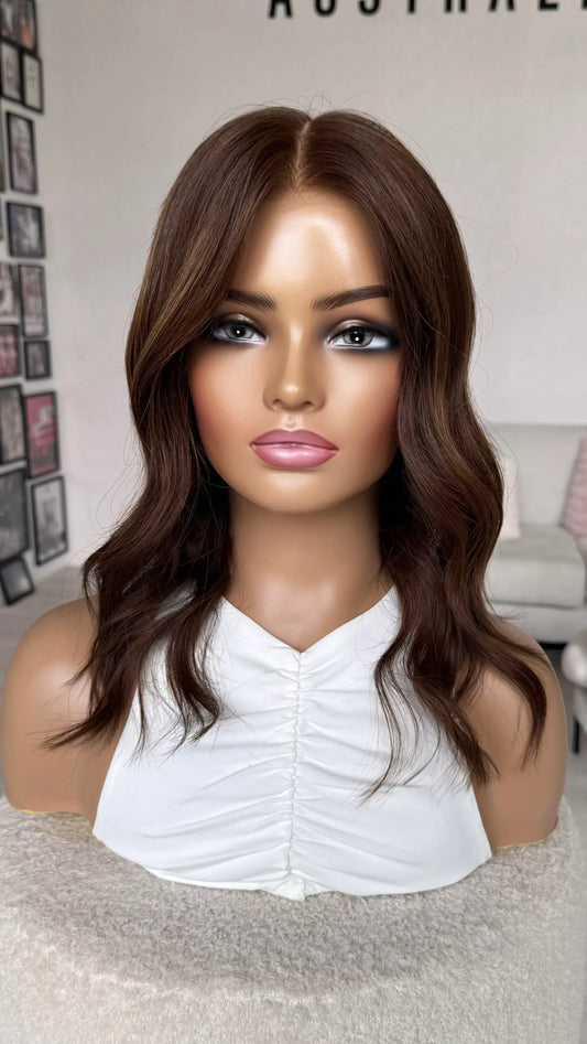 brunette wavy hair lace front wig, glueless, ready to ship human hair wig.