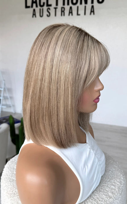 bob length human hair wig with blonde colour for daily wear women with hairloss australia.