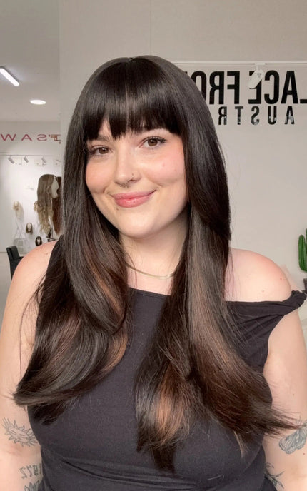 natural looking brunette fringe synthetic with a beginner cap.