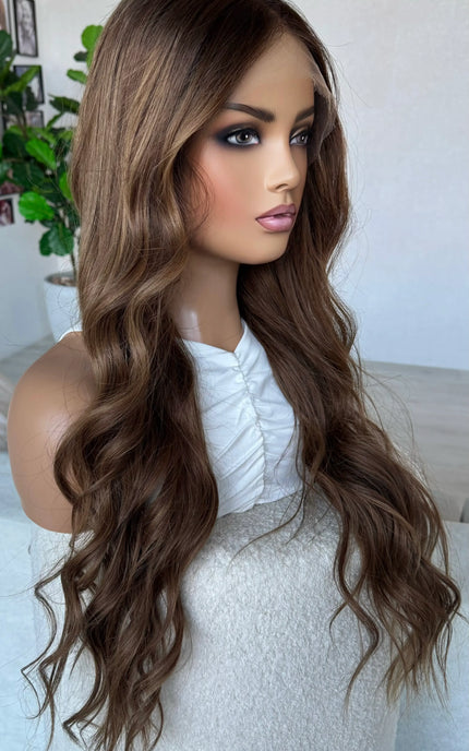medical grade human hair brunette lace front wig with glueless cap for women with hairloss, alopecia and chemotherapy.