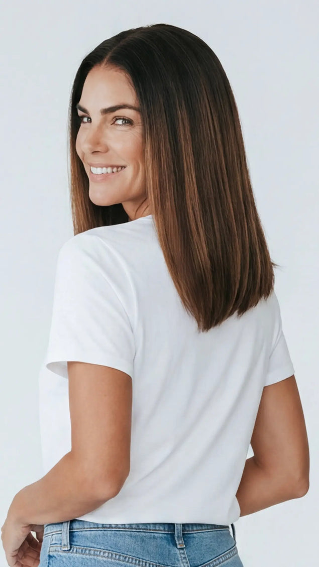 realistic brunette lace front 16 inch wig for beginners. medical grade wig for hairloss, alopecia, chemotherapy.