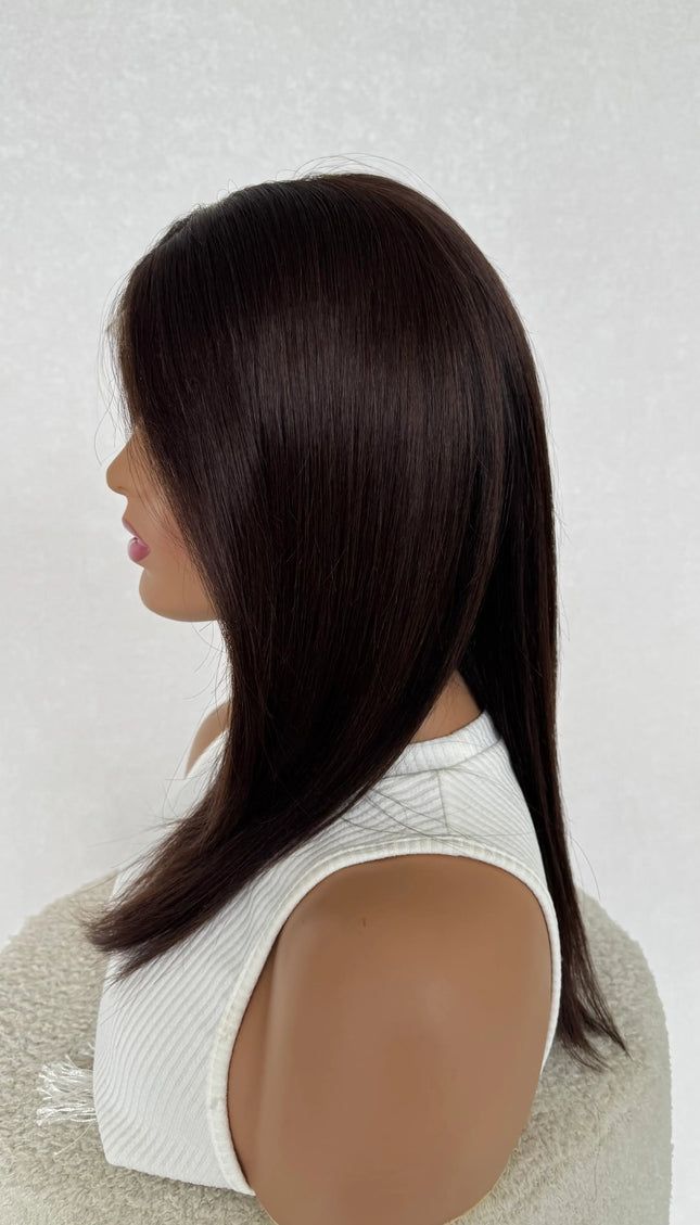 dark brunette straight human hair lace wig for hairloss, alopecia and chemotherapy in australia.