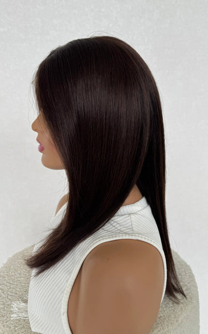dark brunette straight human hair lace wig for hairloss, alopecia and chemotherapy in australia.