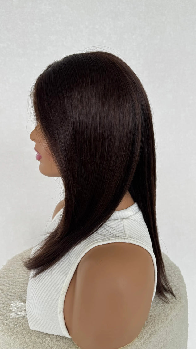 dark brunette straight human hair lace wig for hairloss, alopecia and chemotherapy in australia.