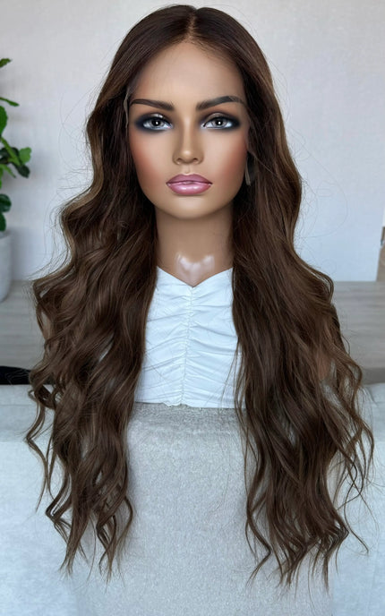 long brunette wavy human hair glueless wig for women with hairloss australian based.