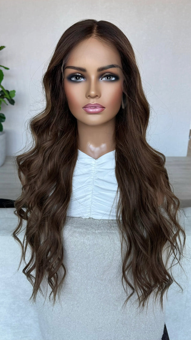 long brunette wavy human hair glueless wig for women with hairloss australian based.